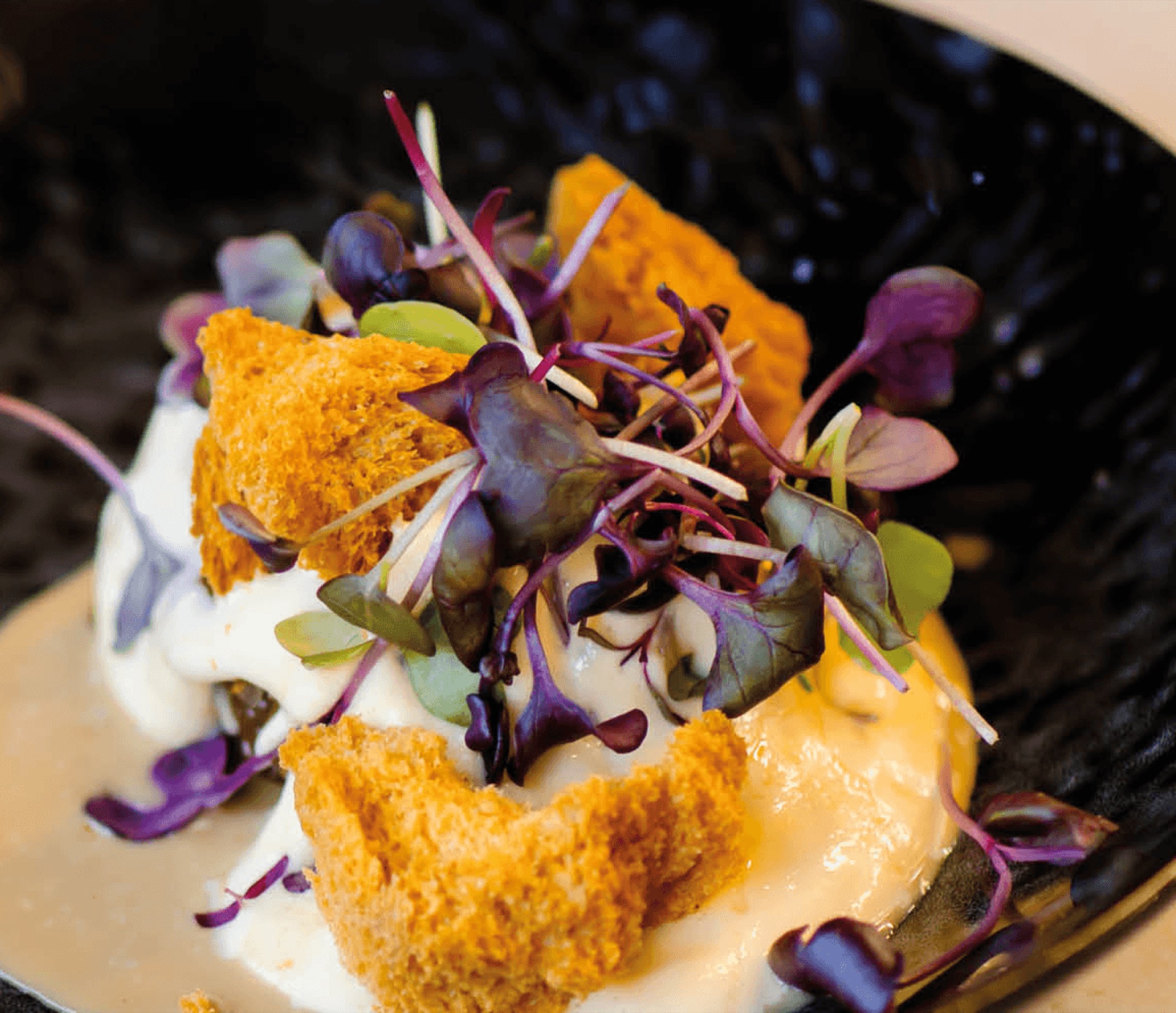 Dessert met room, honingkoek en verse kruiden